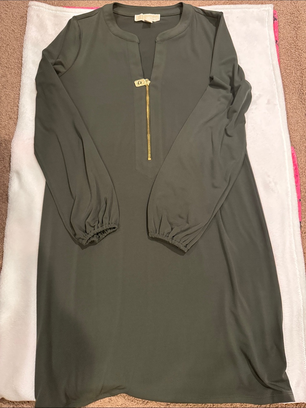 Michael Kors Olive Long-Sleeve Zip-Front Dress with Gold Hardware